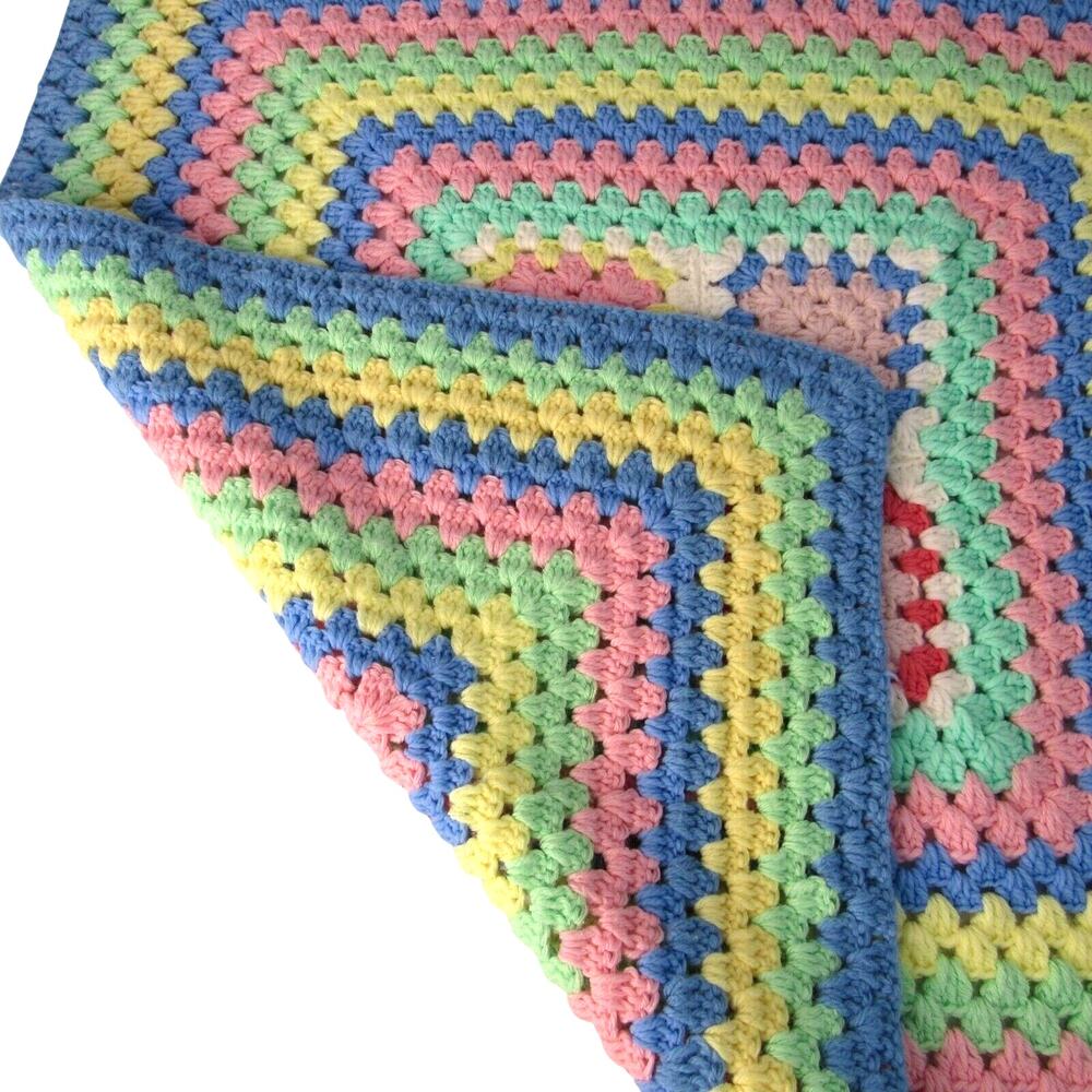 Hand Crochet Baby Blanket 30" x 30" Square Afghan Blue Pink Yellow